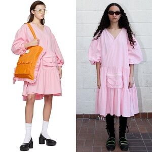 KKCO Puff Sleeve‎ Tiered Ruffle Hem Wrap Tie Waist Cargo Pocket Utility Dress M